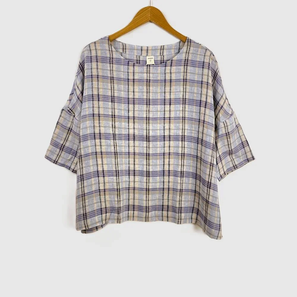 Lintico Aurora Linen Gingham Checked Boatneck 3/4 Sleeve Top - Picture 2 of 12